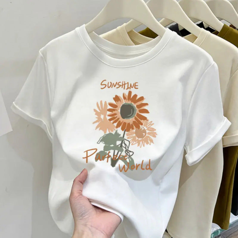 Retro butterfly pure cotton design sense round neck printed short sleeve T-shirt women's summer slim fit versatile foreign style top tide