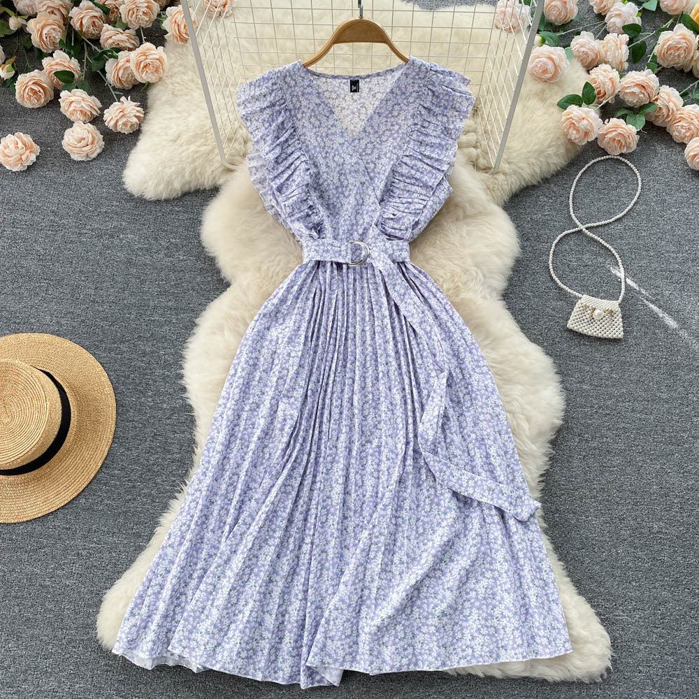 Summer Korean fungus edge girl retro sweet small fresh floral dress space-up waist pleated skirt