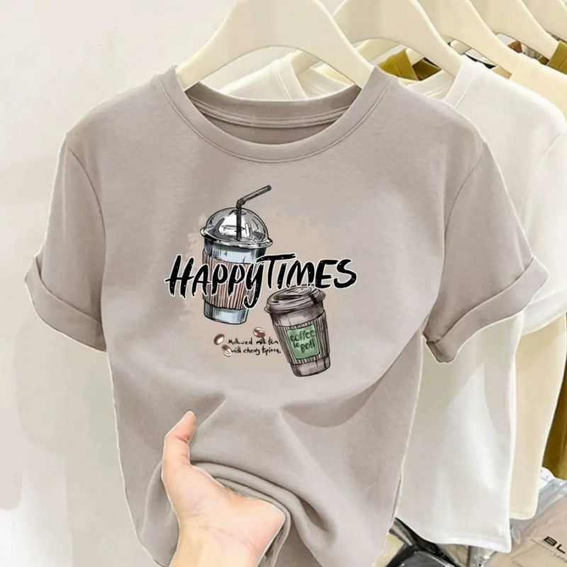 Cotton design round neck printed short-sleeved shirt for women summer slim fit all-match tops