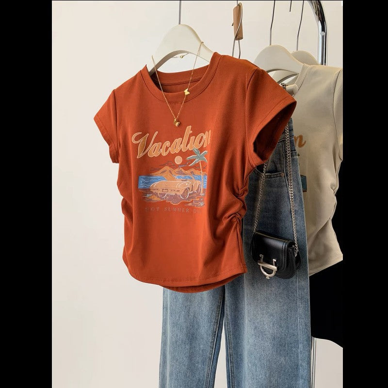 American retro printed front shoulder short-sleeved T-shirt for women's summer spice slim and thin pleated short top i