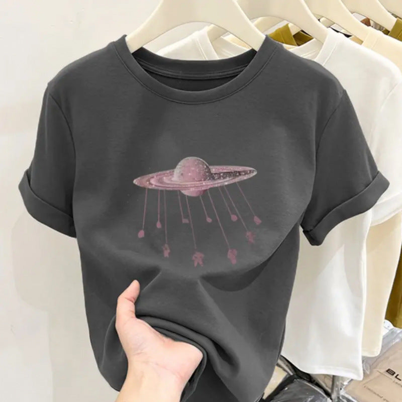 Cotton design round neck printed short-sleeved shirt for women summer slim fit all-match tops