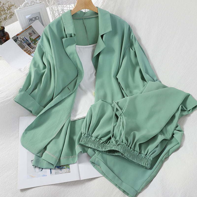 Suit Women's Fashion Summer Loose Suit Collar Seven-point Sleeve Jacket Nine-point Wide Leg Pants Suspender Three-piece Set
