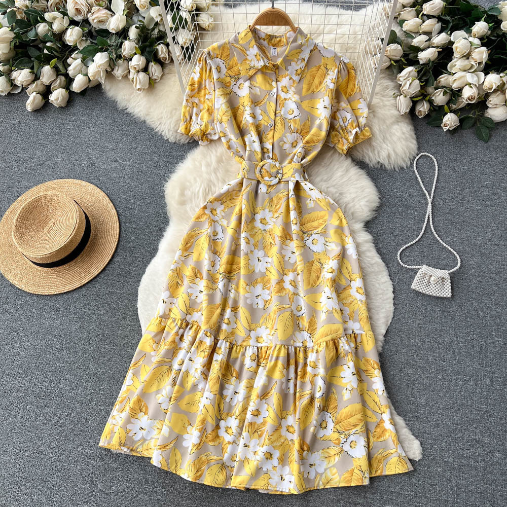 French high-end floral dress women's summer retro style lapel bubble sleeve temperament super fairy coffee break lisianthus skirt