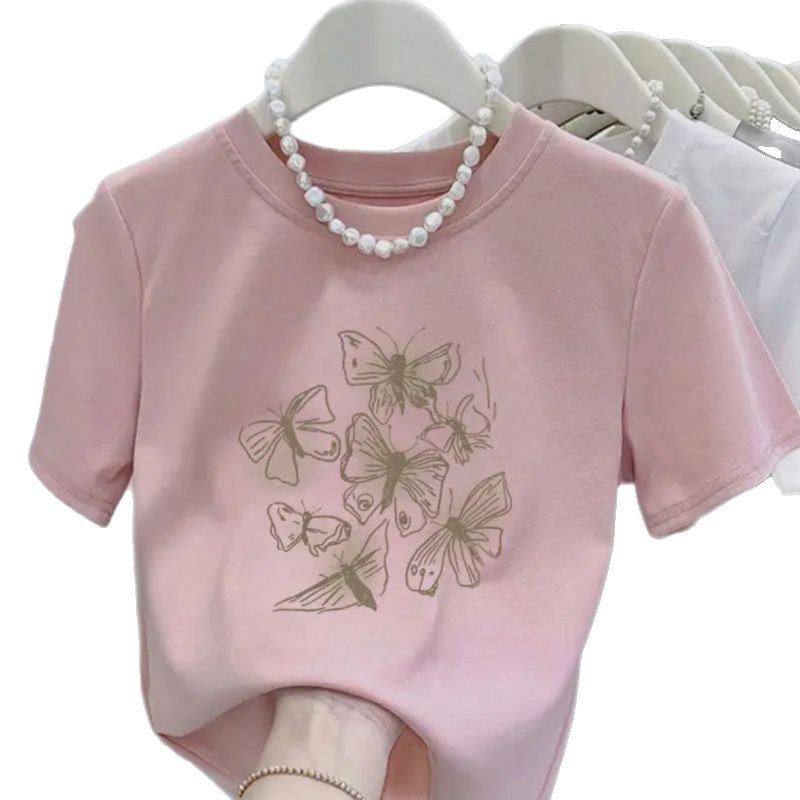 Retro butterfly pure cotton design sense round neck printed short sleeve T-shirt women's summer slim fit versatile foreign style top tide