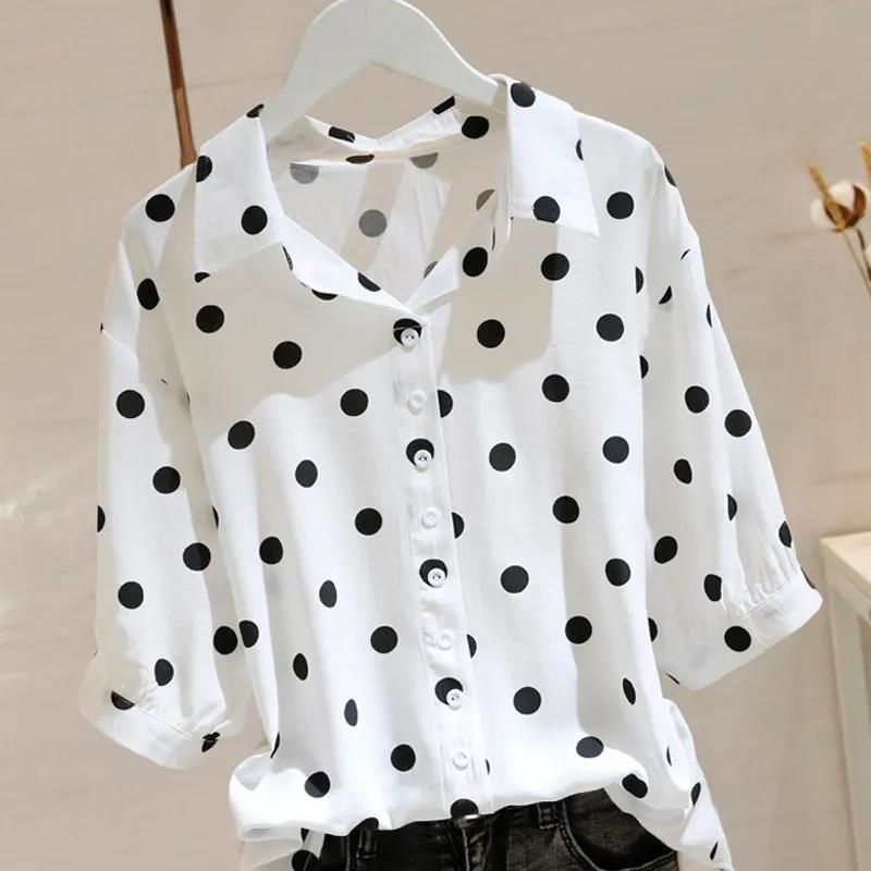 Polka dot shirt women's middle sleeve 20255 spring and summer new loose large size thin versatile French pullover thin shirt tide
