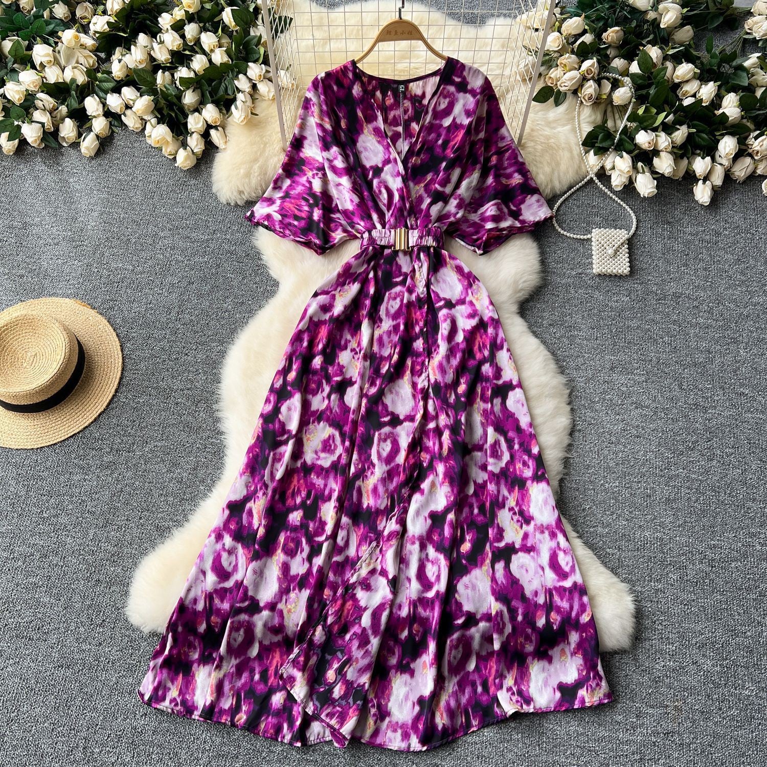 Summer new European and American style niche light luxury retro collar waist thin big swing split printing dress