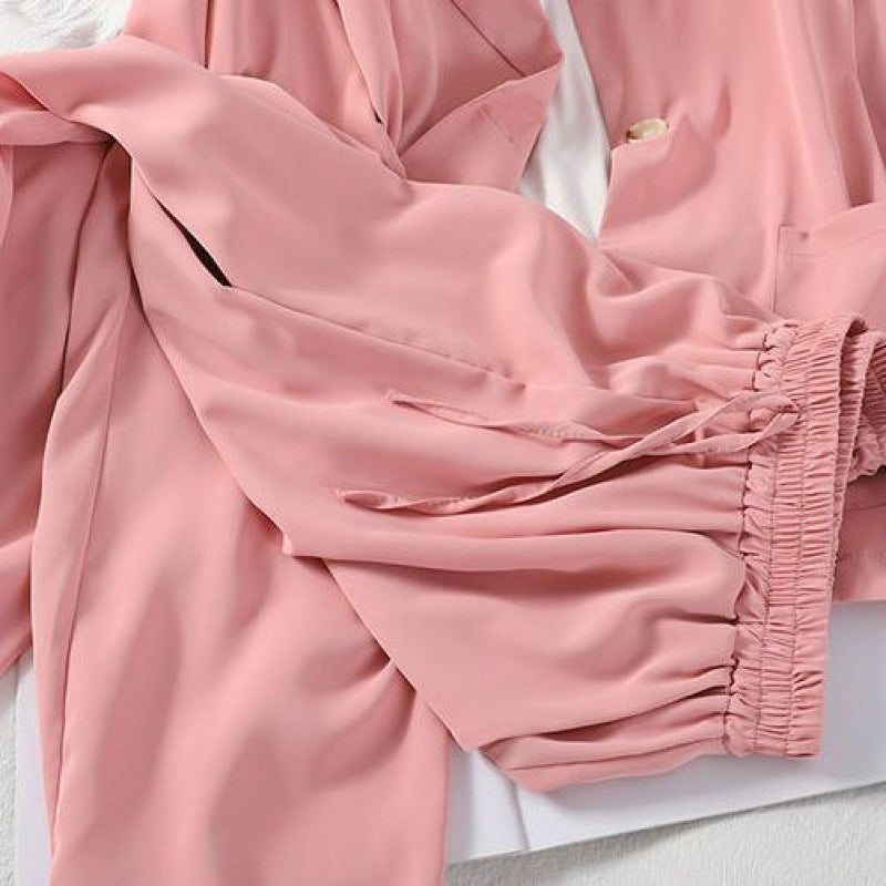 Suit Women's Fashion Summer Loose Suit Collar Seven-point Sleeve Jacket Nine-point Wide Leg Pants Suspender Three-piece Set