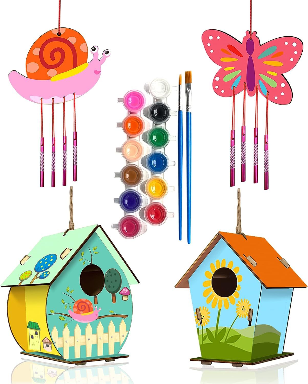 2-Piece DIY Birdhouse Wind Chimes Children's Crafts Handmade Kit Painting Kit Including Paint and Brushes