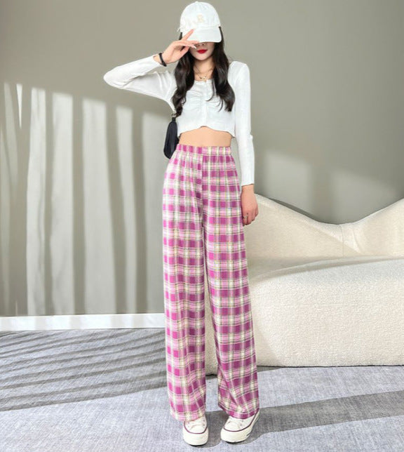 Thin plaid pants women's spring draped straight pants pink loose small pajama pants high waist plaid wide leg pants