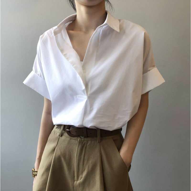 Bat short-sleeved shirt women's design sense niche Hong Kong style retro loose shirt summer thin chic Korean top