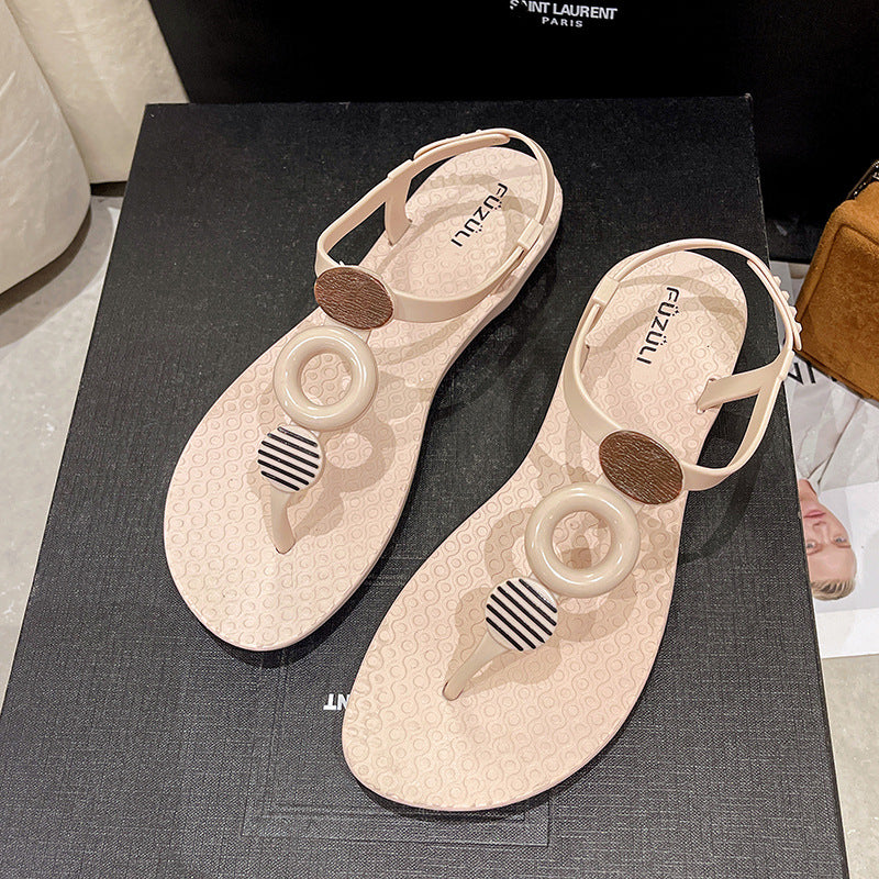 Summer casual flat-soled sandals women's, hollow buckle women's beach sandals soft-soled herringbone with tide women's sandals