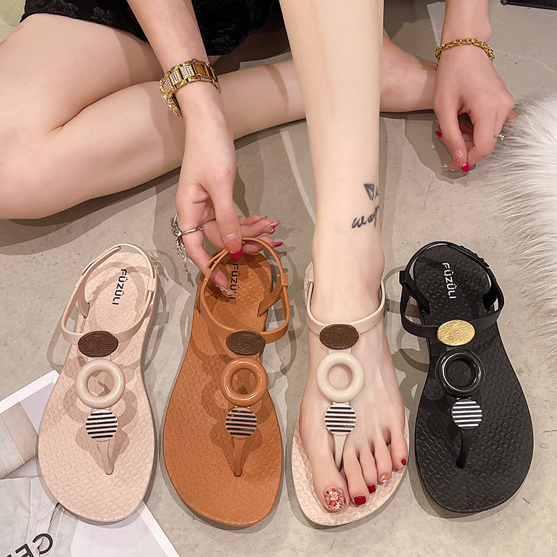 Summer casual flat-soled sandals women's, hollow buckle women's beach sandals soft-soled herringbone with tide women's sandals