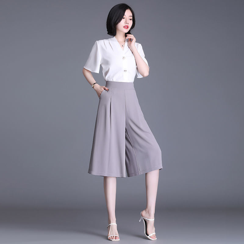 Trendy summer cropped pants 2025 new women's cropped pants women's loose trousers skirt wide-leg pants thin ice silk shorts