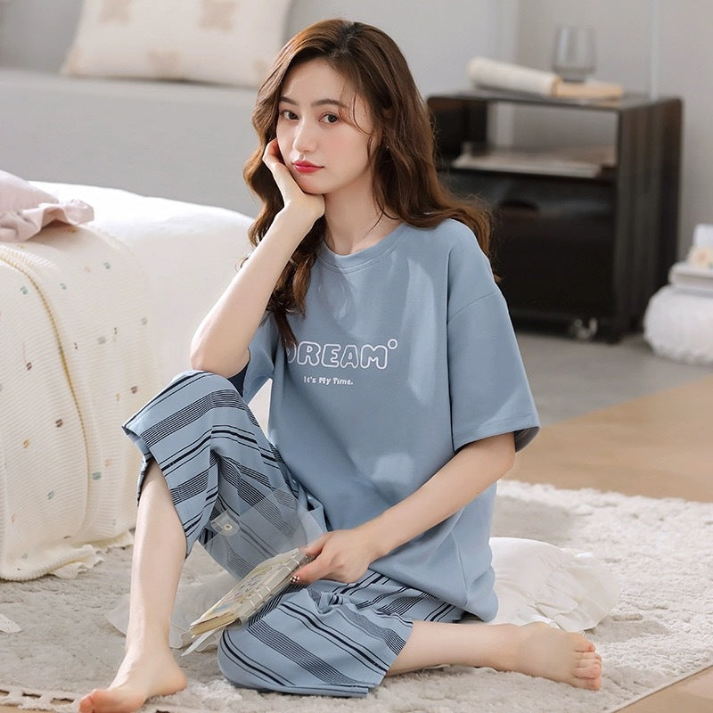 2025 new spring and autumn women's loungewear women's suit casual home summer short-sleeved cropped pants pajamas