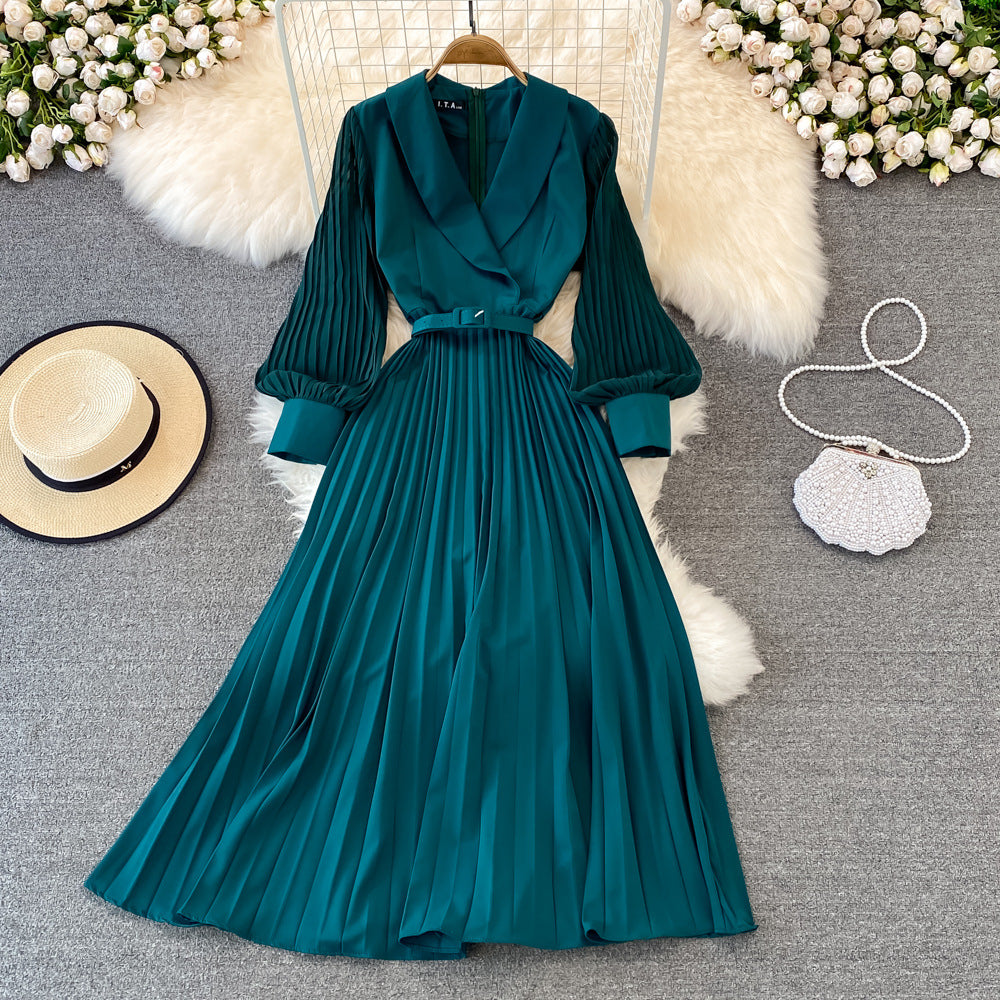 Spring French retro suit collar strap waist thin pleated dress commuter fashion high waist big swing dress