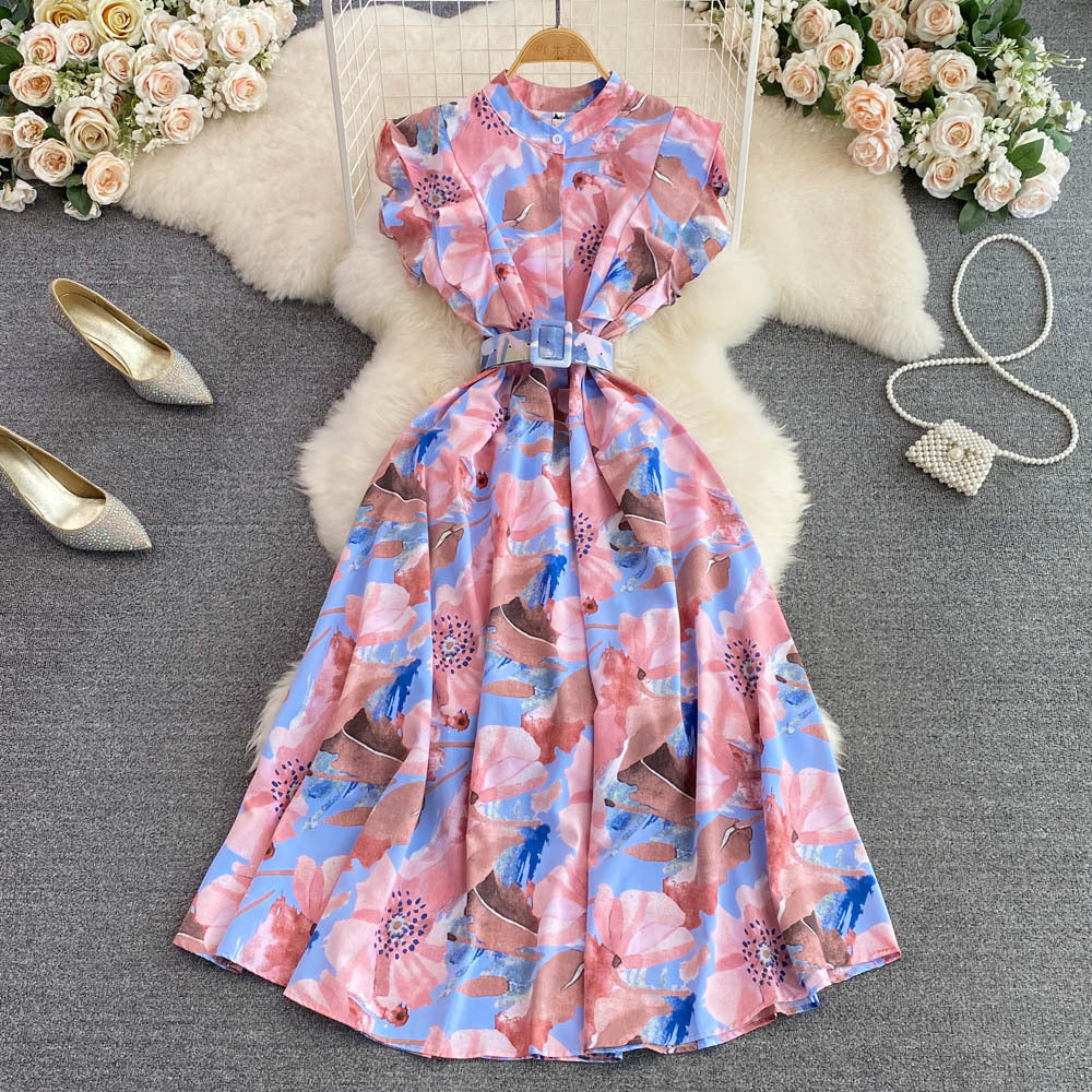 Gentle wind stand-up collar waist and thin printed A-word big pendulum dress 2025 summer high waist elegant temperament long dress