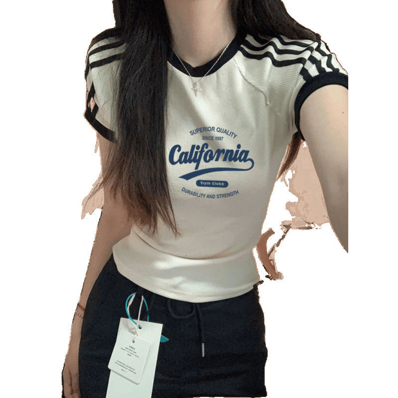 American three-bar striped short-sleeved T-shirt women's retro Japanese thin sweet and spicy summer new front shoulder short ins top