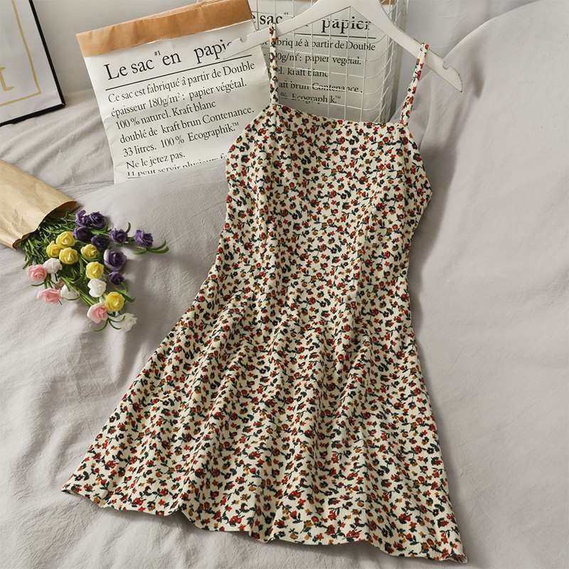 Summer retro printing short halter dress women's new versatile high waist thin floral suspender skirt