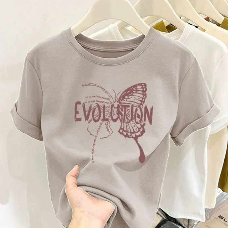 Retro butterfly pure cotton design sense round neck printed short sleeve T-shirt women's summer slim fit versatile foreign style top tide