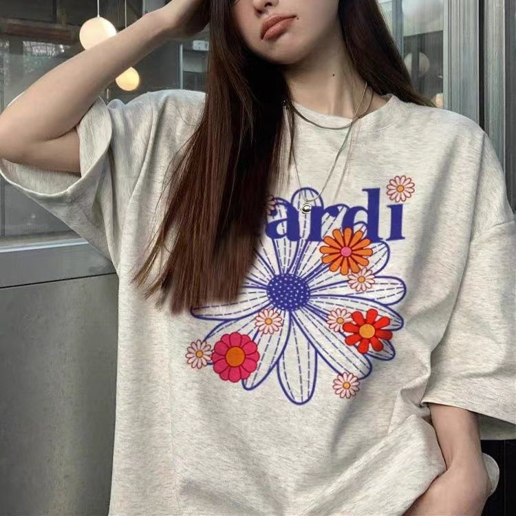 Korean version of pure cotton letter printing temperament round neck short-sleeved T-shirt women's summer new loose simple casual ins top