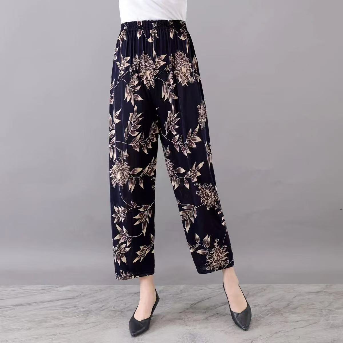 Summer wholesale women's middle-aged and elderly casual loose elastic ice silk pants breathable and fattened mother nine-point pants