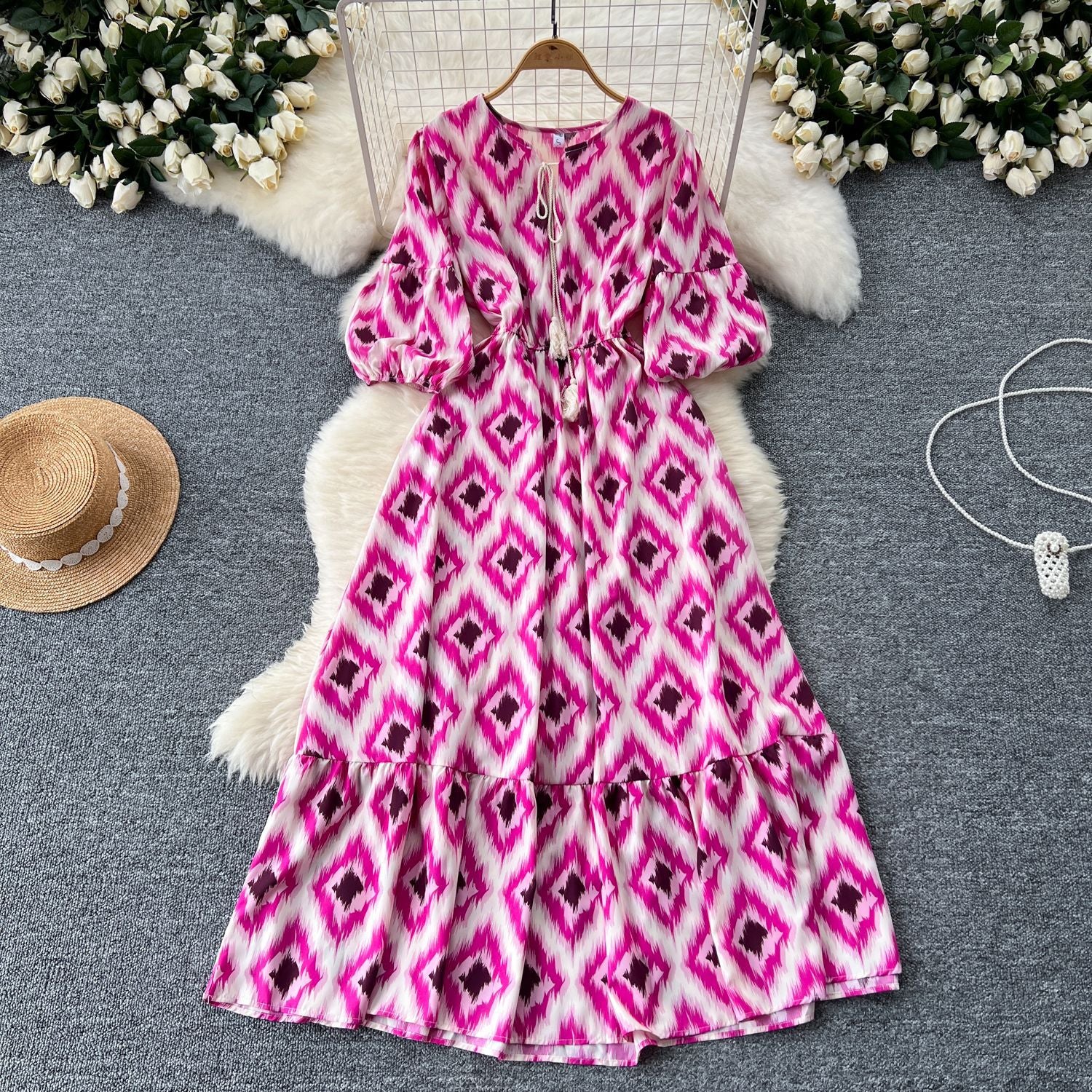 French retro bubble sleeve floral dress women's summer strap waist design sense light luxury temperament big swing dress