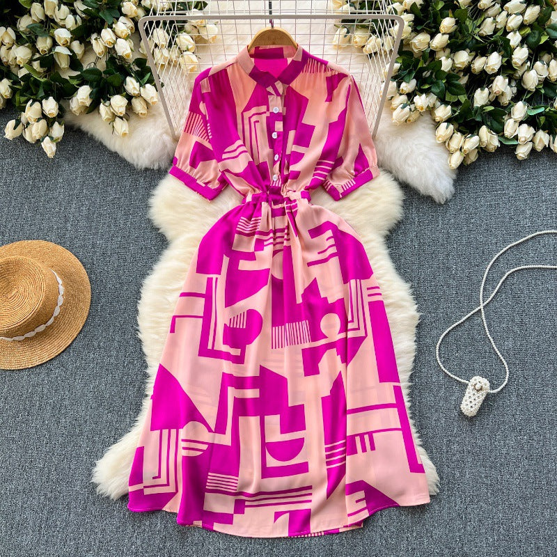 Niche design sense printed dress women's 2025 new summer dress space-up waist thin medium and long holiday skirt