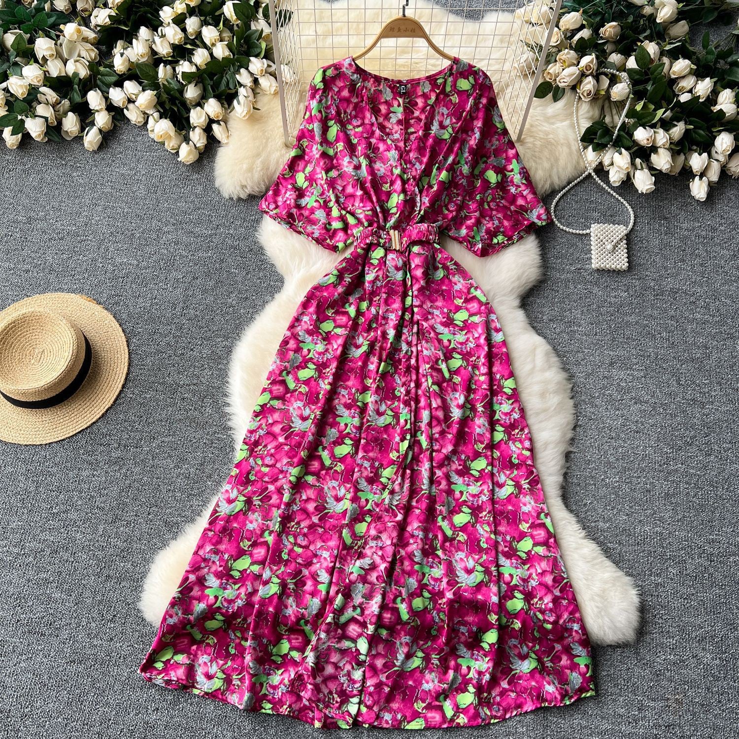 Summer new European and American style niche light luxury retro collar waist thin big swing split printing dress