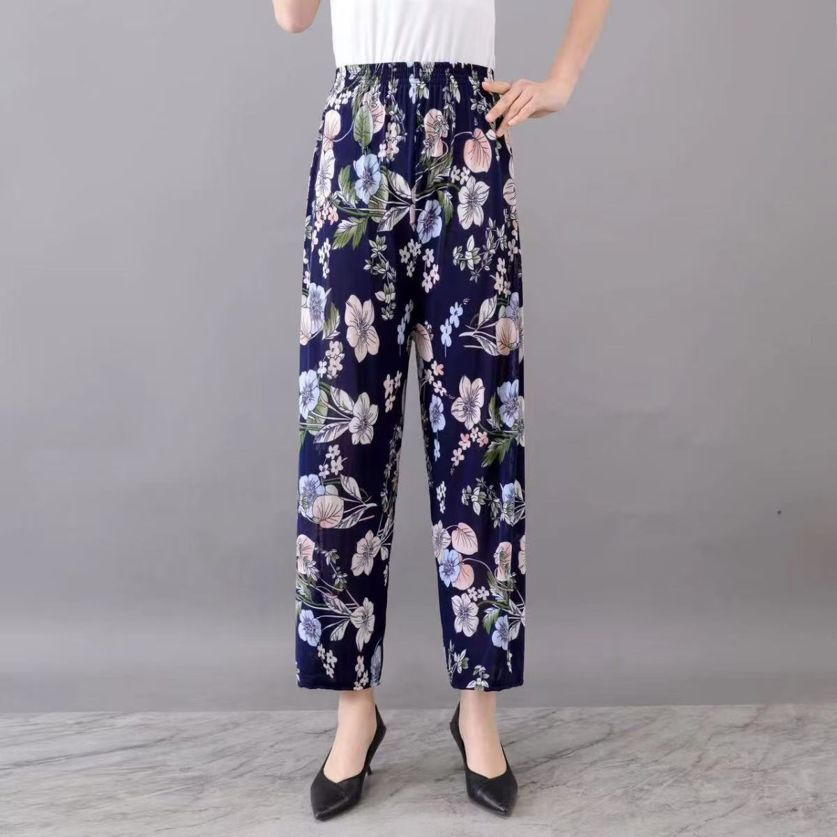 Summer wholesale women's middle-aged and elderly casual loose elastic ice silk pants breathable and fattened mother nine-point pants