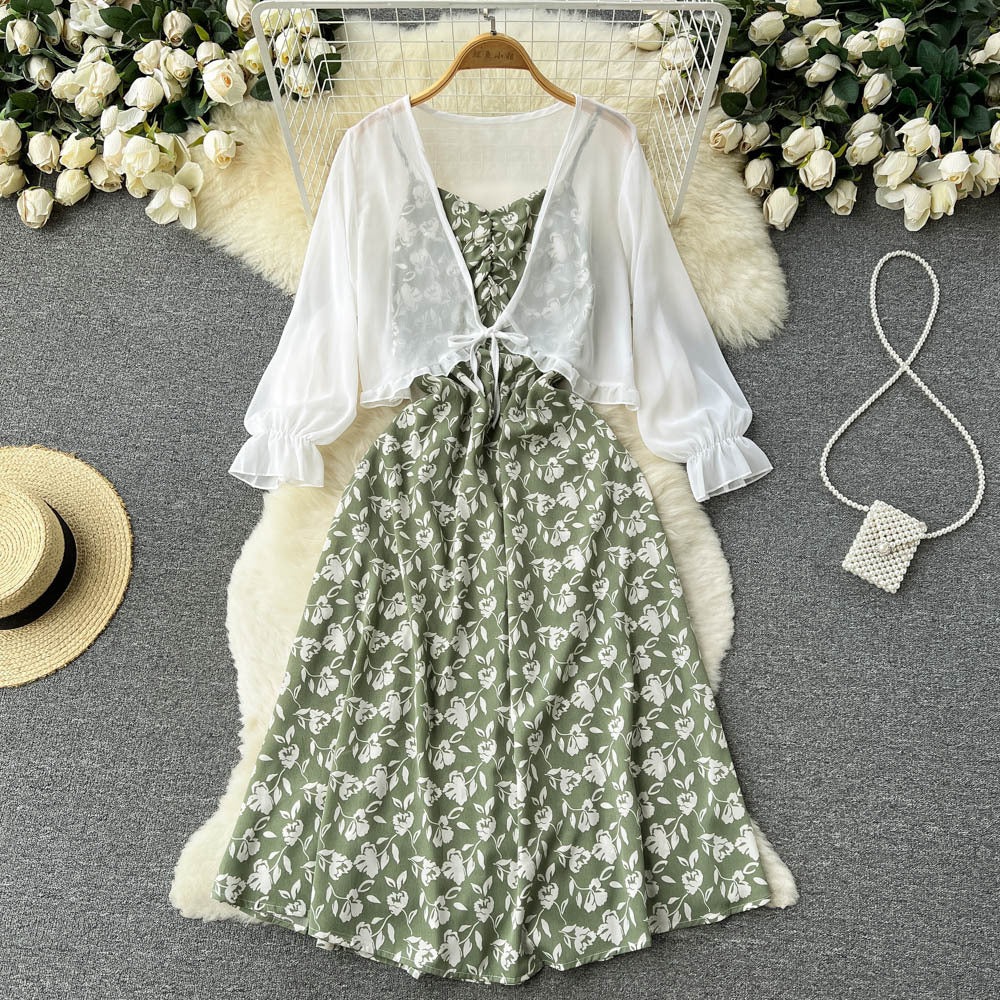 French retro age-reducing bell-covering and thin floral suspender dress chiffon shawl jacket sweet temperament two-piece set