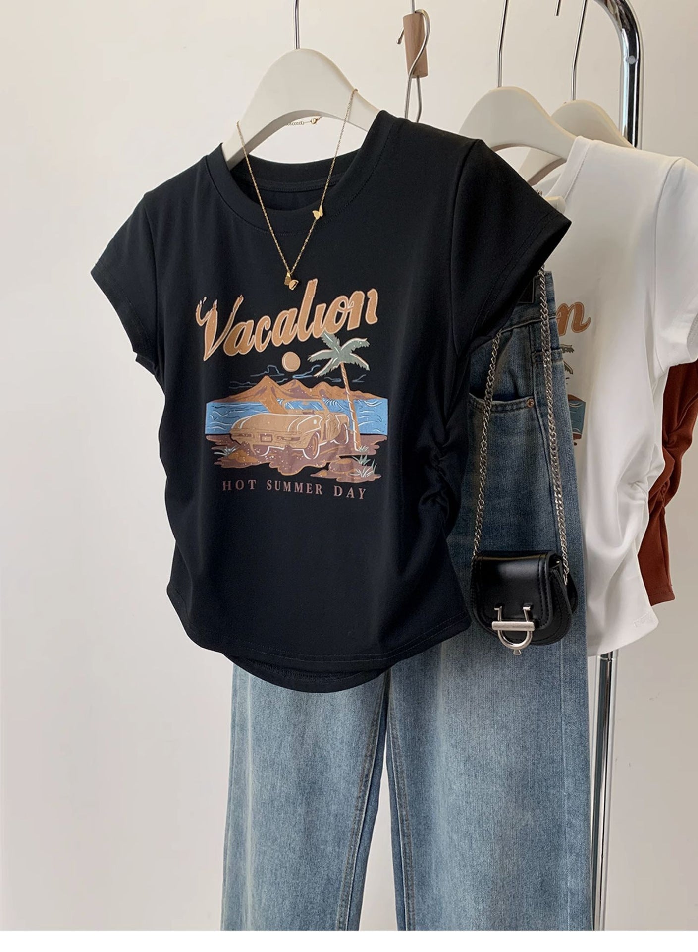 Pure cotton American retro print front shoulder short-sleeved t-shirt women's summer spice slim and thin pleated short top ins