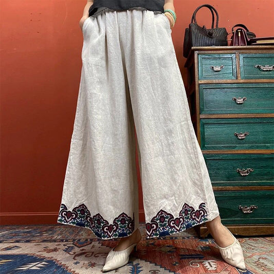 Ethnic style pants fashion Chinese style embroidered wide-leg pants retro versatile personality nine-point pants women