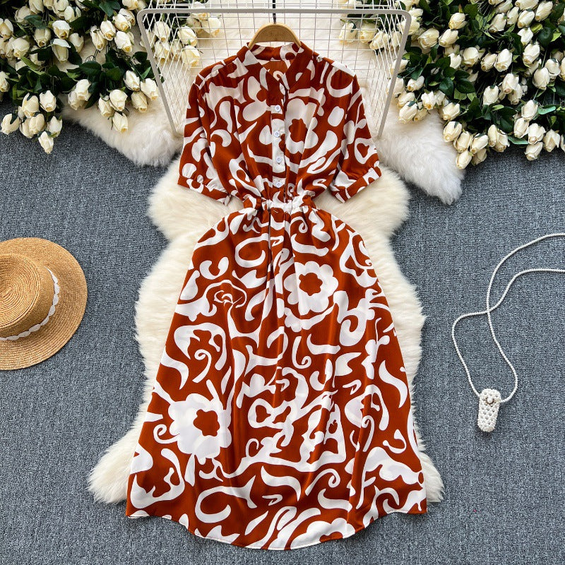 Niche design sense printed dress women's 2025 new summer dress space-up waist thin medium and long holiday skirt