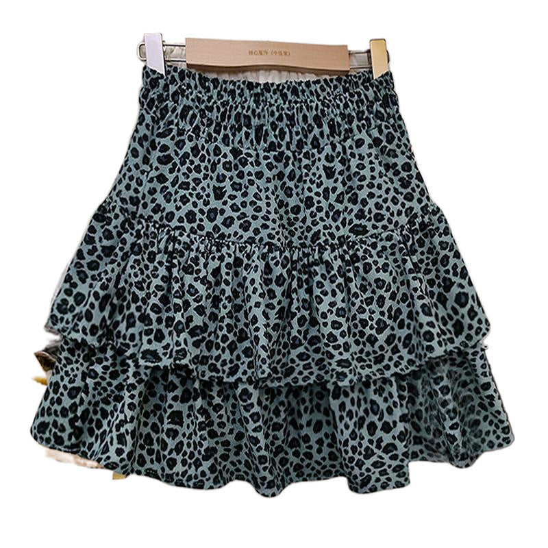 Leopard print short skirt elastic new 2025 spring and summer skirt small high waist pleated skirt short puffy cake
