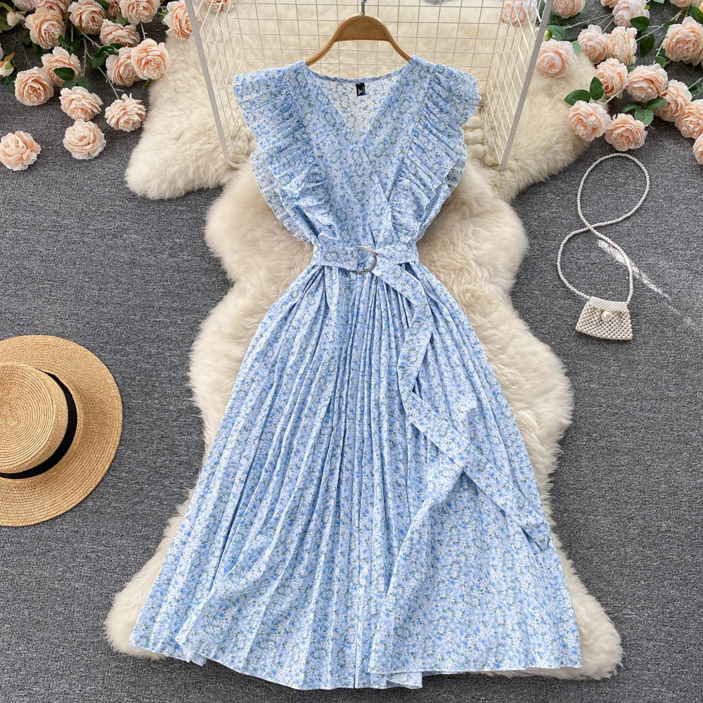 Summer Korean fungus edge girl retro sweet small fresh floral dress space-up waist pleated skirt