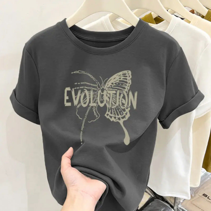 Retro butterfly pure cotton design sense round neck printed short sleeve T-shirt women's summer slim fit versatile foreign style top tide