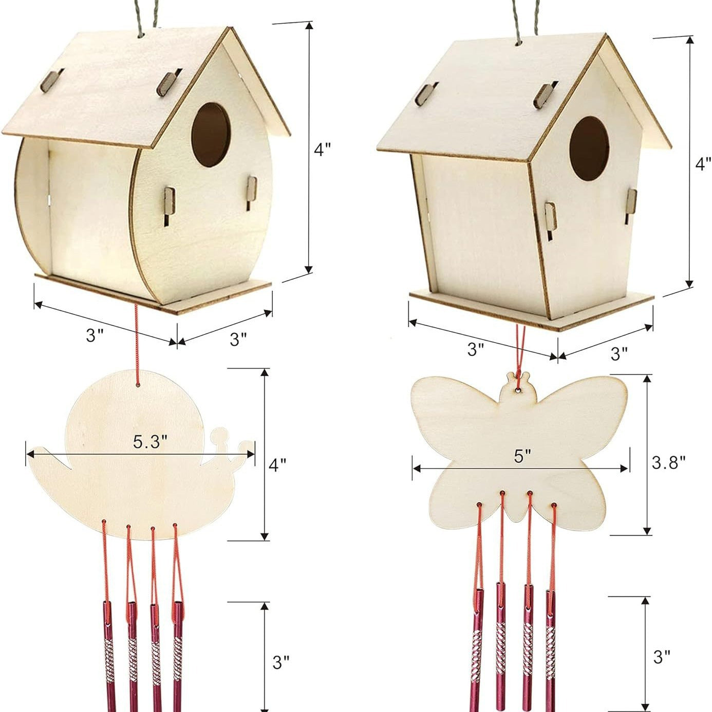 2-Piece DIY Birdhouse Wind Chimes Children's Crafts Handmade Kit Painting Kit Including Paint and Brushes