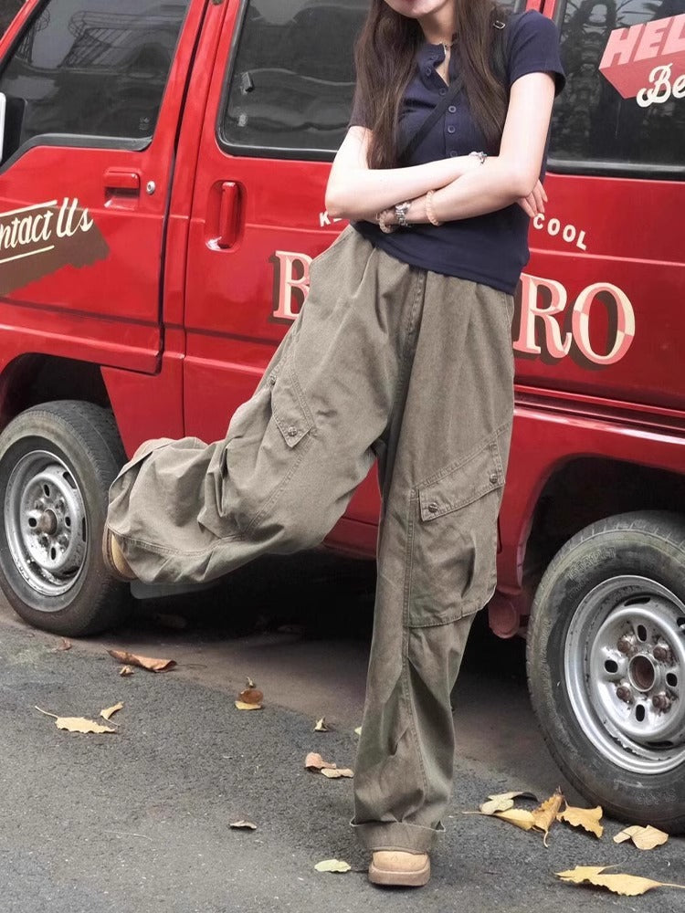 American hip-hop wide-leg overalls jeans women's pleated high-waisted loose straight mopping denim overalls