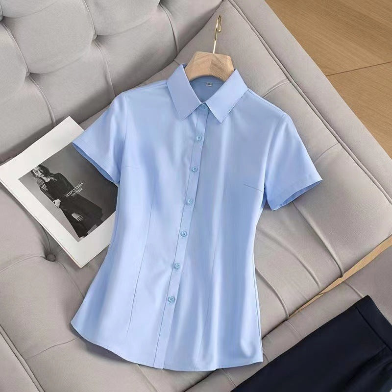 High elasticity professional women's summer new short-sleeved black shirt hotel beauty salon formal tooling work clothes shirt