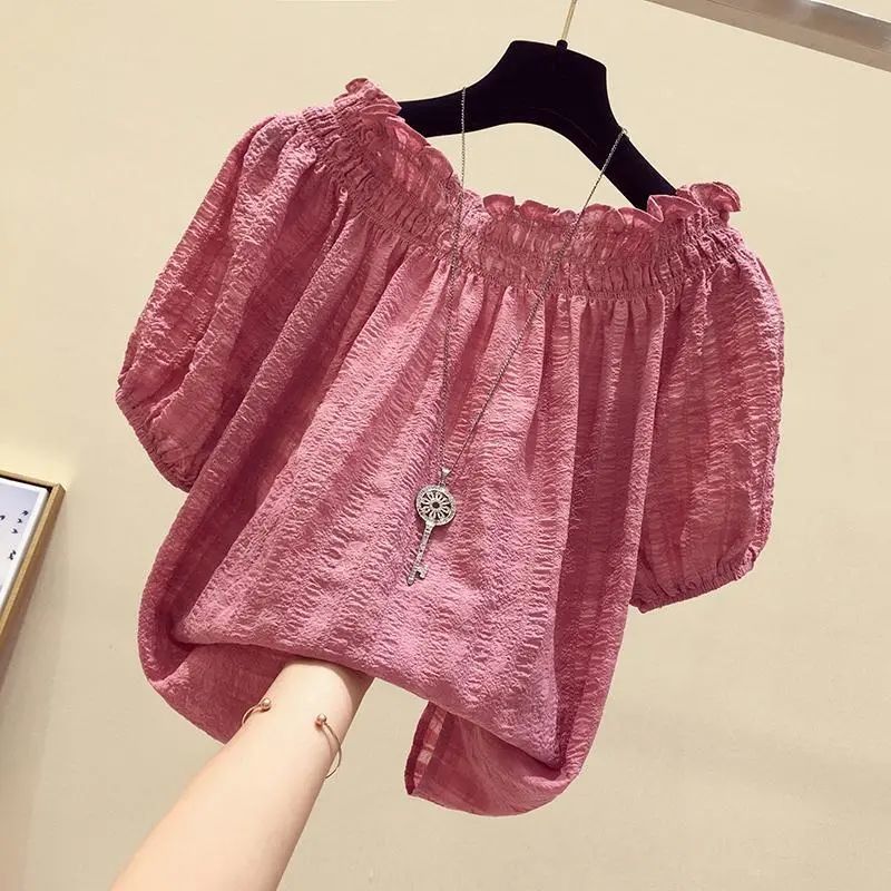Korean bubble sleeve pleated age-reducing chiffon shirt 2025 summer new one-word collar off-the-shoulder temperament belly cover top