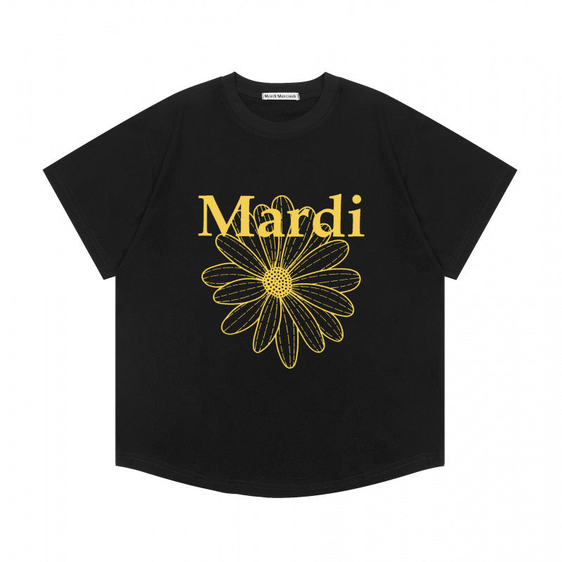 Korean trendy brand short-sleeved small daisy dachshund dog print summer round neck pure cotton gold high silver same loose T-shirt women