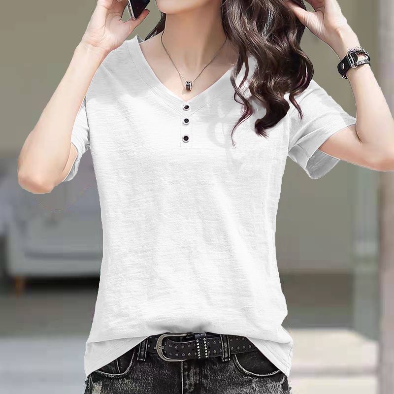Single/two pieces bamboo cotton V-neck short-sleeved T-shirt women's 2025 summer clothing Korean version of the new loose large size thin top tide