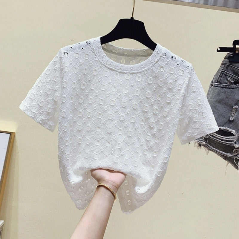 Summer 2025 New Lace Hollow Foreign Style Fashion Women's T-Shirt Short Sleeve Crew Neck