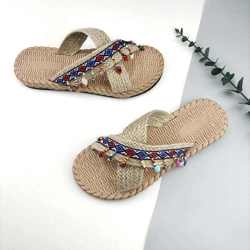 Xishuangbanna handmade slippers women's summer wear bohemian fashion fringed ethnic wind slope heels high heels beach shoes