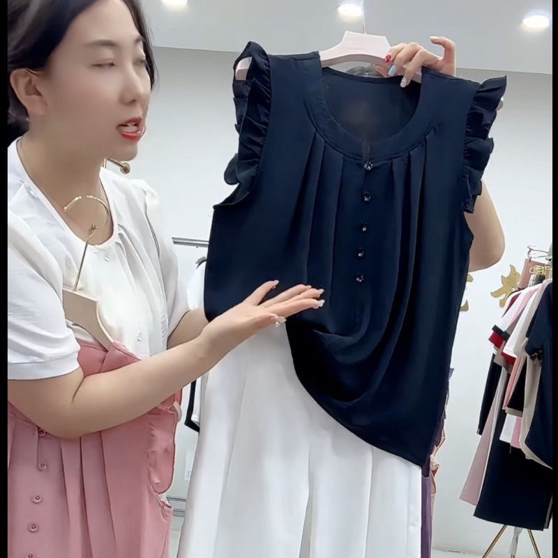 Sleeveless top French 2025 foreign style shirt thin summer doll round neck loose new sweet explosion