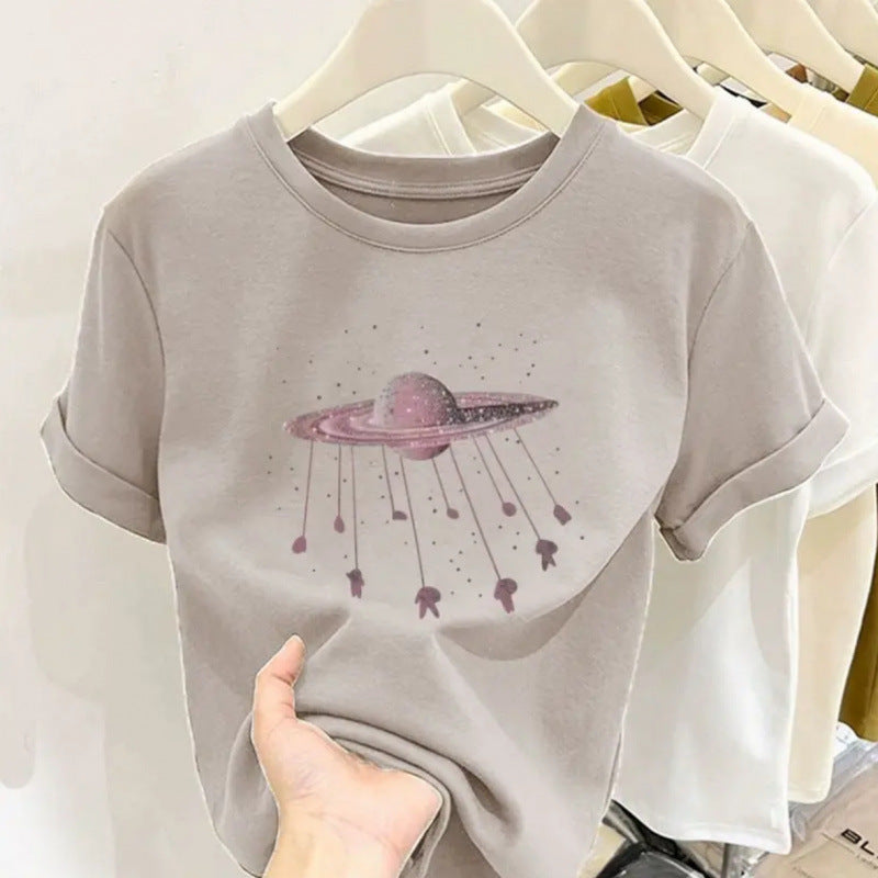 Cotton design round neck printed short-sleeved shirt for women summer slim fit all-match tops