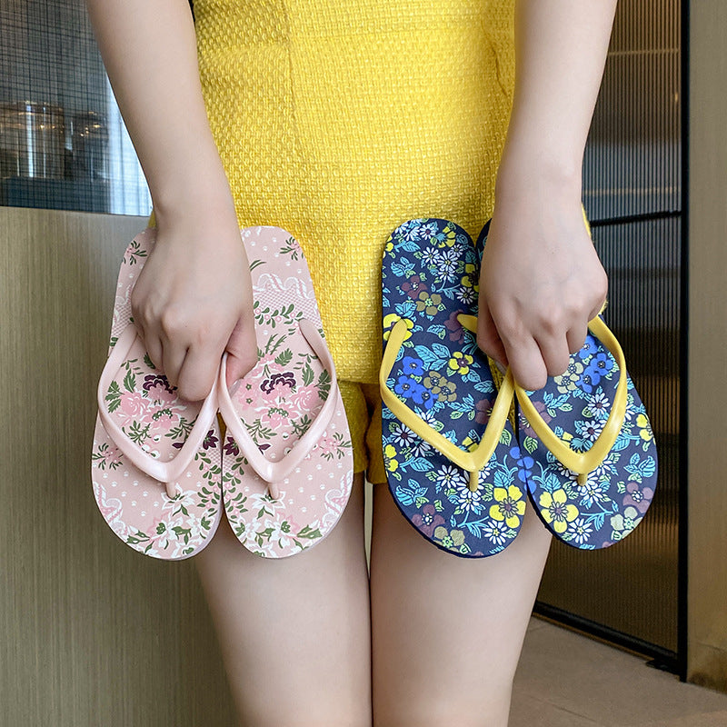 Art flower flip-flops women's flat cool slippers summer new fashion swimming pool beach shoes non-slip soft elastic