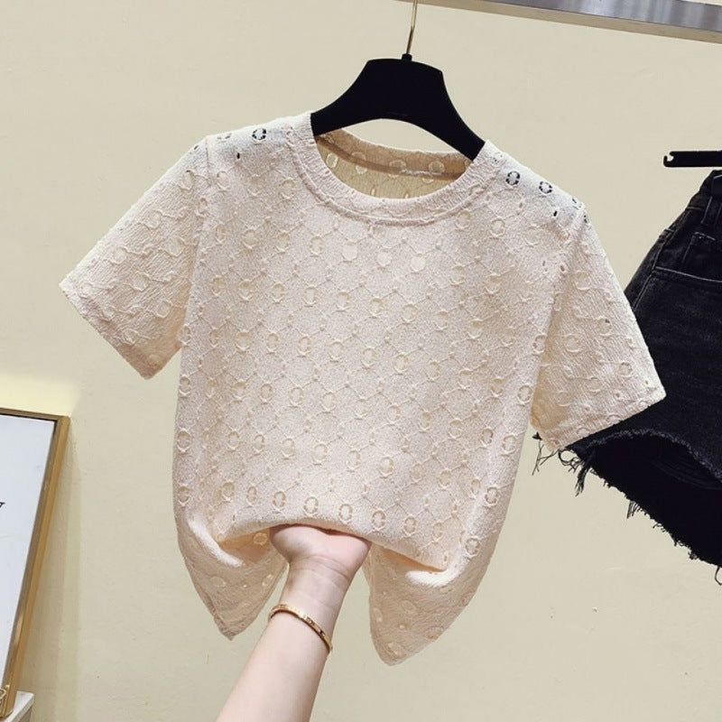 Summer 2025 New Lace Hollow Foreign Style Fashion Women's T-Shirt Short Sleeve Crew Neck