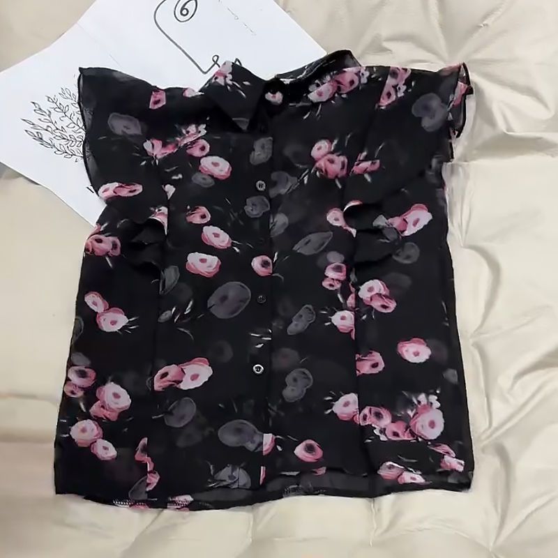 Retro high-end foreign floral chiffon shirt small fashionable fresh collar ruffled edge flying sleeve top