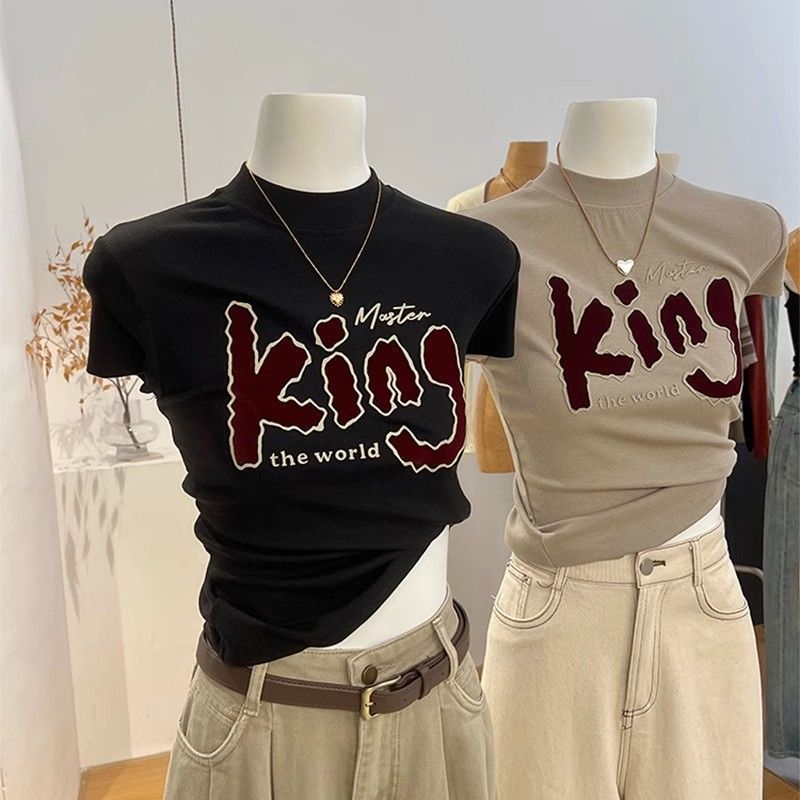 Pure cotton shoulder T-shirt women's stand-up collar slim-fitting short American retro pure desire short-sleeved new bottoming top